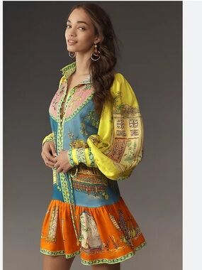 Alemais Monte Yellow Multi Long-Sleeve Mini Dress. No belt